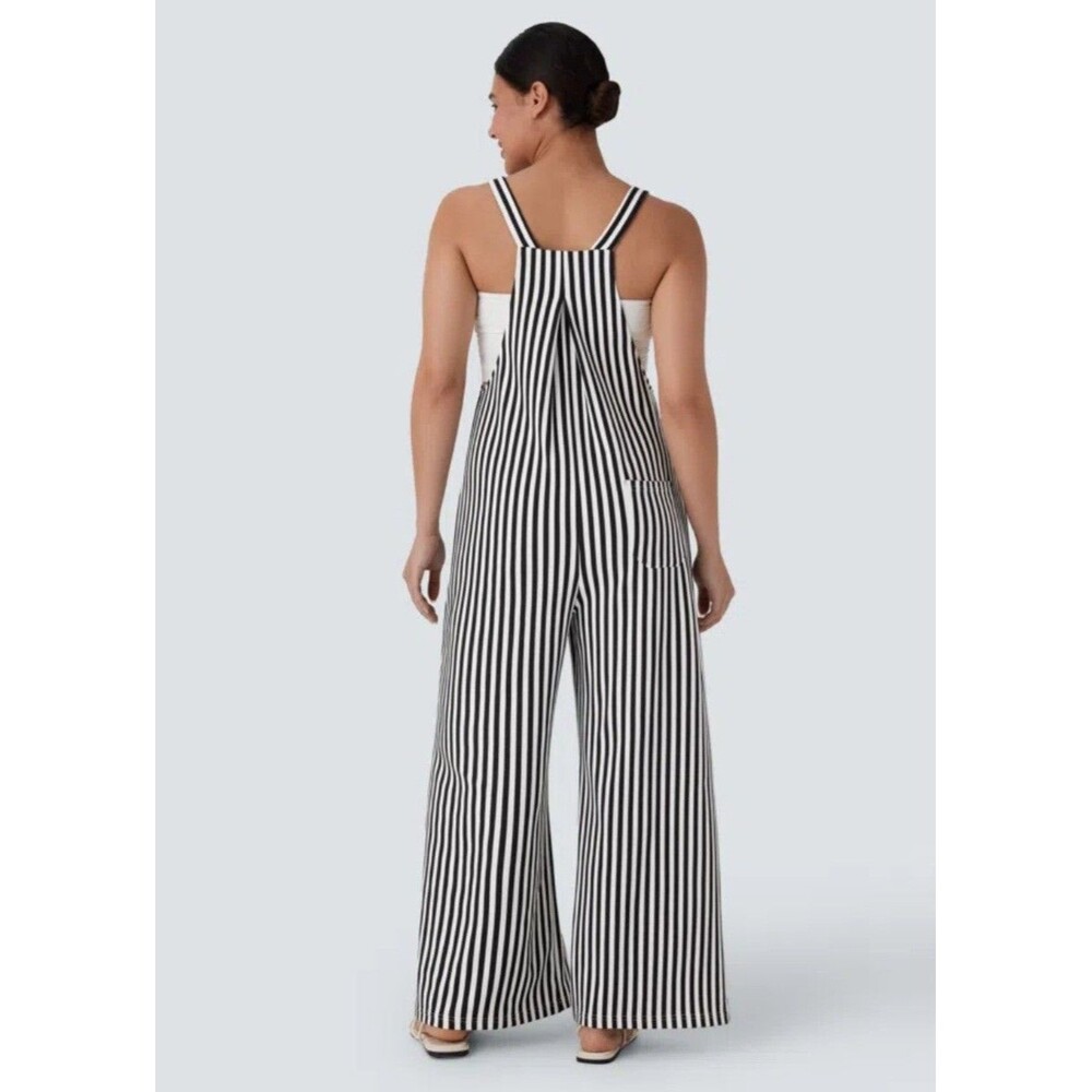 halara's Women's Size XL Black & White Striped Strap Wide Leg Jumpsuit